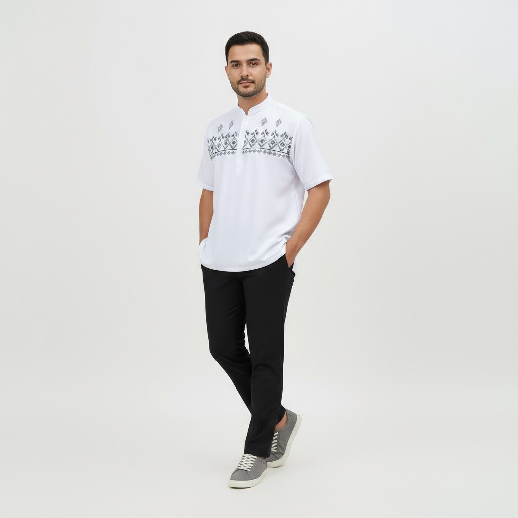 Baju Koko Putih Bordir Lengan Pendek (kode: ISN)